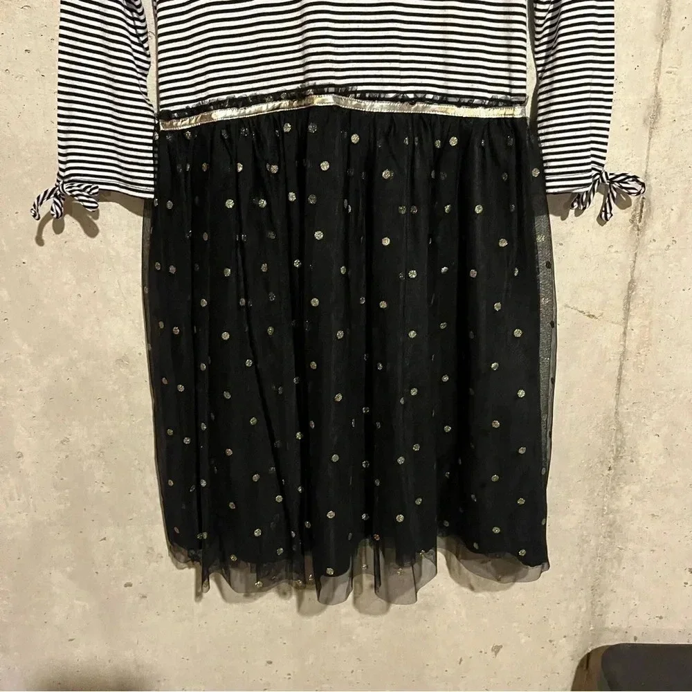 Justice Girls Dress Sz 18 Black White Stripes Tulle Gold Polka Dots Rocker Chic